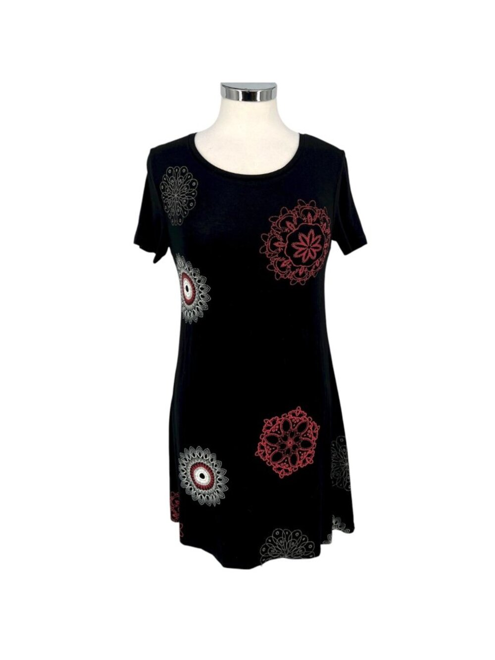 Desigual Mandala Black Short Sleeve Tunic Dress Red White Short Sleeve Size Smal